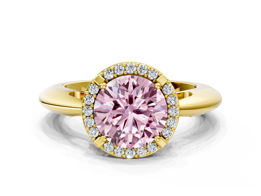 Yellow gold Fancy Pink Round  Cut Diamond Halo Engagement Ring with Split Shank and Four-Prong Setting_29