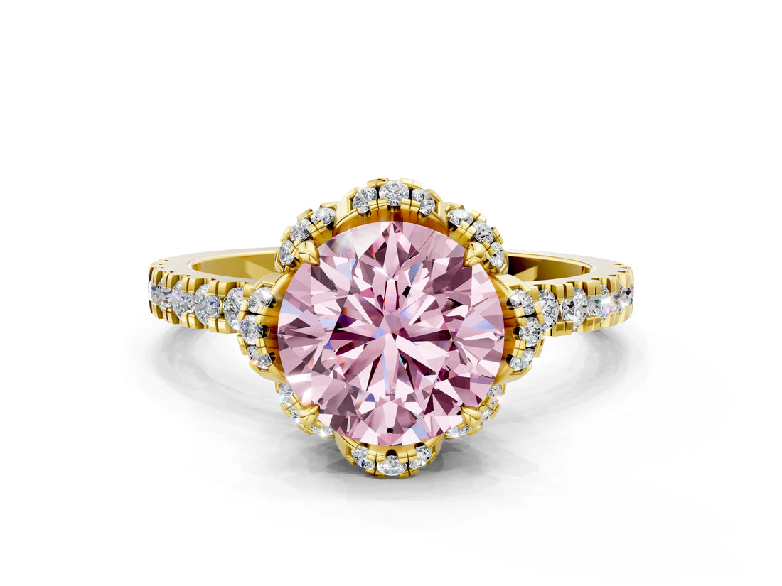 Yellow gold Fancy Pink Round Cut Diamond Halo Pave Band with Four-Prong Setting_3