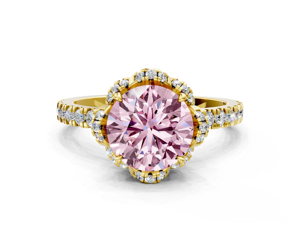 Yellow gold Fancy Pink Round Cut Diamond Halo Pave Band with Four-Prong Setting