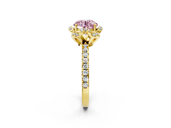 Yellow gold Fancy Pink Round Cut Diamond Halo Pave Band with Four-Prong Setting