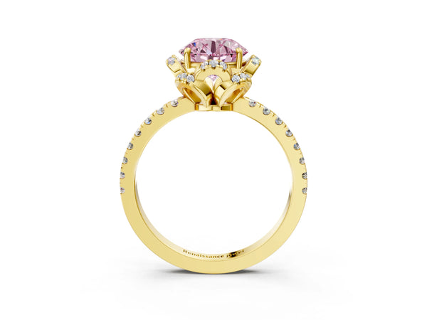 Yellow gold Fancy Pink Round Cut Diamond Halo Pave Band with Four-Prong Setting