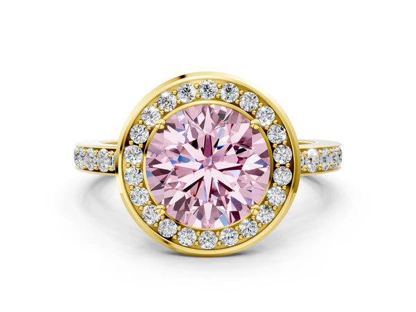 Yellow Gold Round Pave Bezel-Rim Halo Engagement Ring Setting for Fancy Pink Center