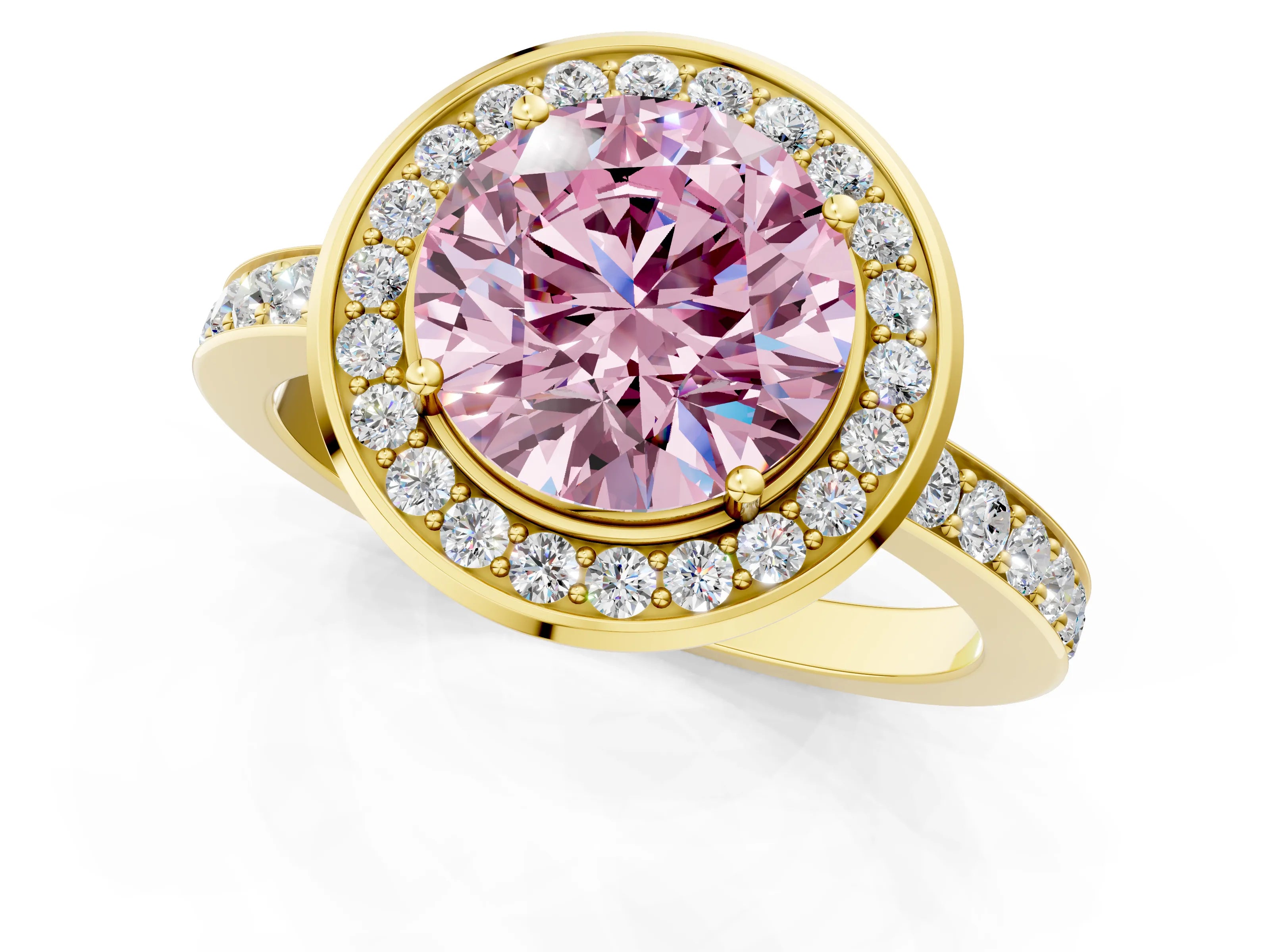 Yellow gold Fancy Pink Round Cut Diamond Halo Ring with Bezel Frame and Pavé Band_1