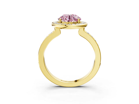 Yellow gold Fancy Pink Round Cut Diamond Halo Ring with Bezel Frame and Pavé Band_3