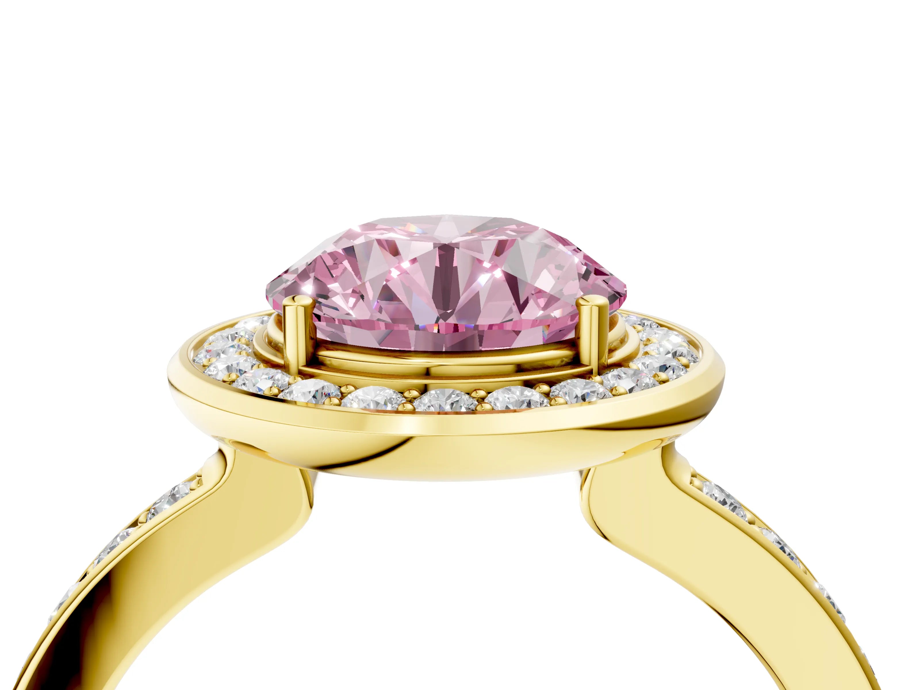 Yellow gold Fancy Pink Round Cut Diamond Halo Ring with Bezel Frame and Pavé Band_4