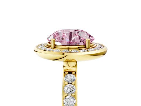 Yellow gold Fancy Pink Round Cut Diamond Halo Ring with Bezel Frame and Pavé Band_5