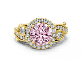 Yellow gold Fancy Pink Round Cut Diamond Halo Ring with Milgrain Pavé Band and Four-Prong Setting_22