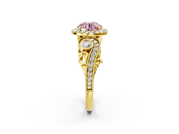 Yellow gold Fancy Pink Round Cut Diamond Halo Ring with Milgrain Pavé Band and Four-Prong Setting