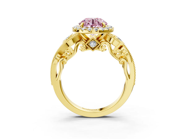 Yellow gold Fancy Pink Round Cut Diamond Halo Ring with Milgrain Pavé Band and Four-Prong Setting