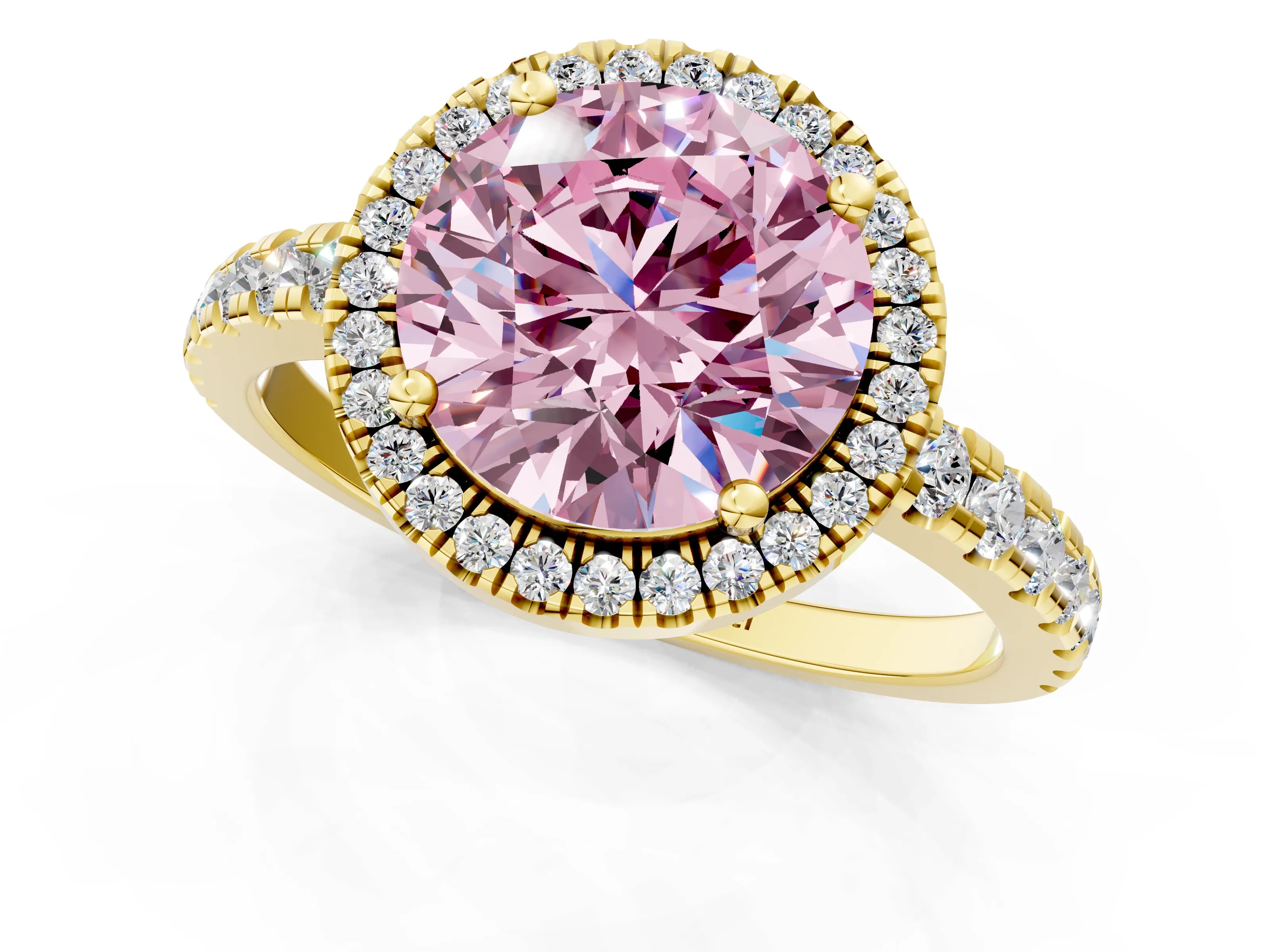 Yellow gold Fancy Pink Round Cut Diamond Halo Ring with Pavé Band and Four-Prong Setting_1