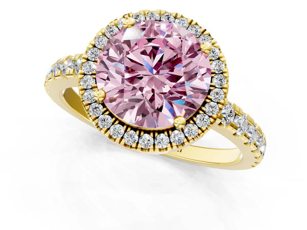 Yellow gold Fancy Pink Round Cut Diamond Halo Ring with Pavé Band and Four-Prong Setting