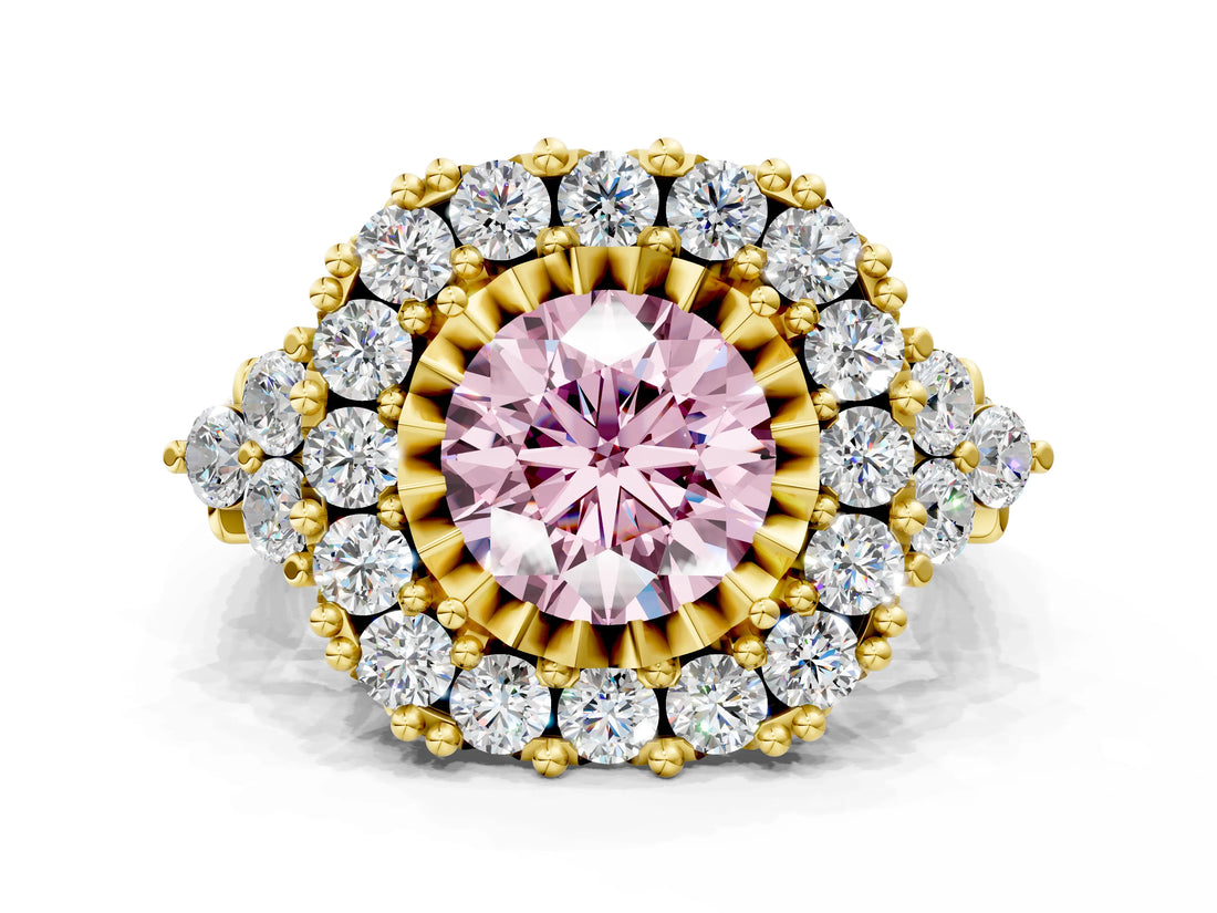 Yellow gold Fancy Pink Round Cut Diamond Halo Ring with Pavé Band and Four-Prong Setting_17