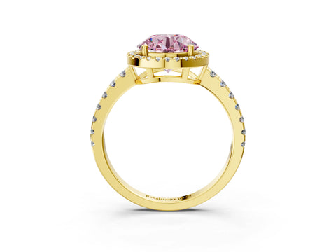 Yellow gold Fancy Pink Round Cut Diamond Halo Ring with Pavé Band and Four-Prong Setting_3