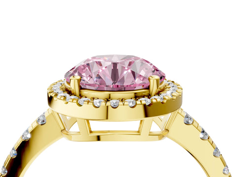 Yellow gold Fancy Pink Round Cut Diamond Halo Ring with Pavé Band and Four-Prong Setting_4