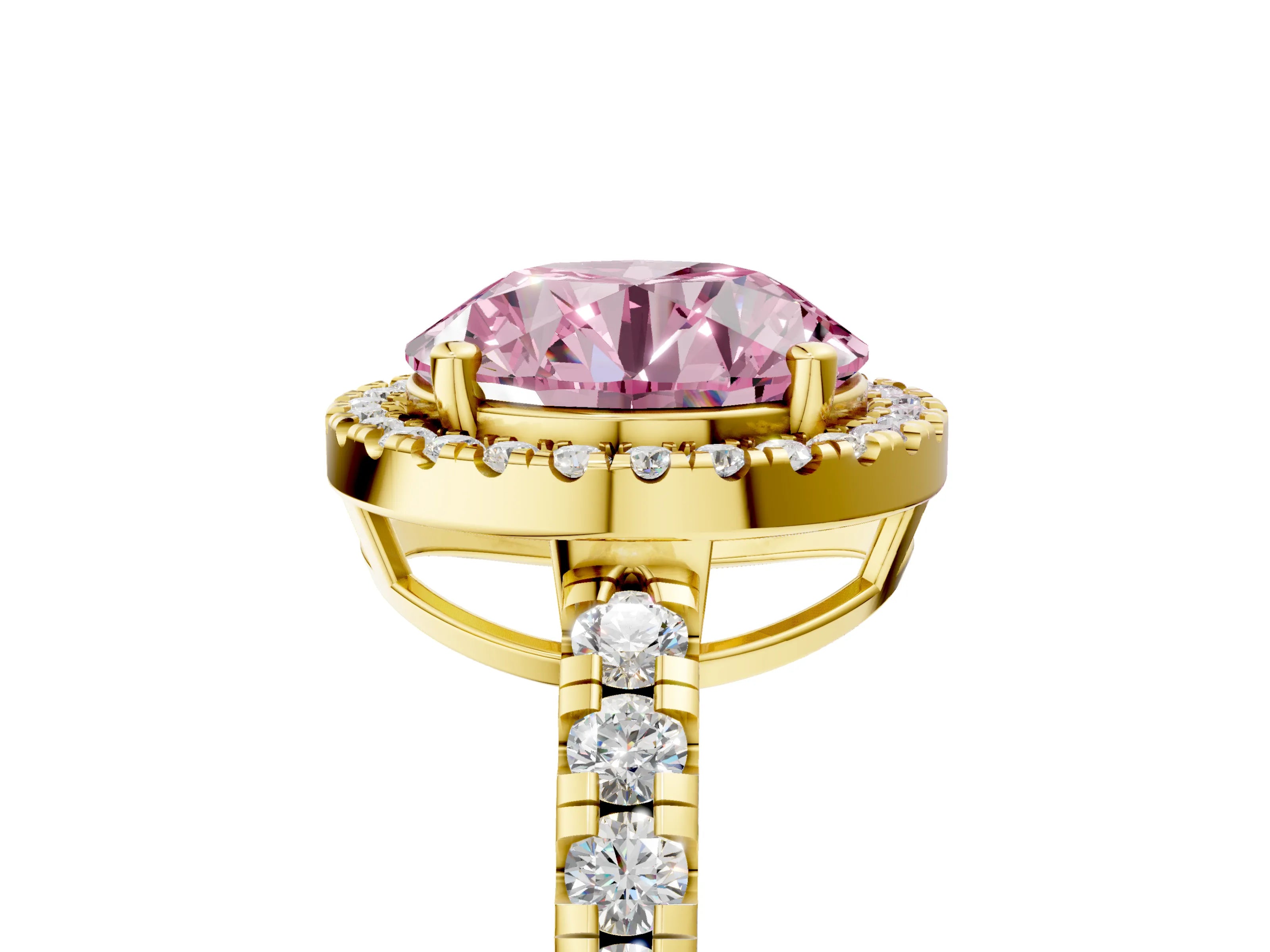Yellow gold Fancy Pink Round Cut Diamond Halo Ring with Pavé Band and Four-Prong Setting_5