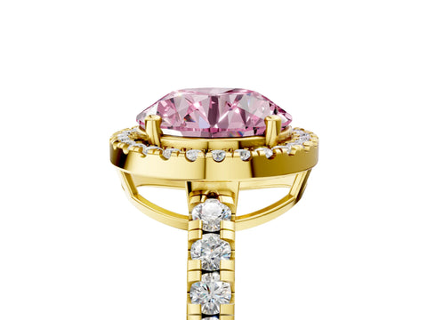 Yellow gold Fancy Pink Round Cut Diamond Halo Ring with Pavé Band and Four-Prong Setting_5