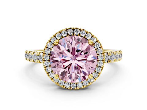 Yellow gold Fancy Pink Round Cut Diamond Halo Ring with Pavé Band and Four-Prong Setting