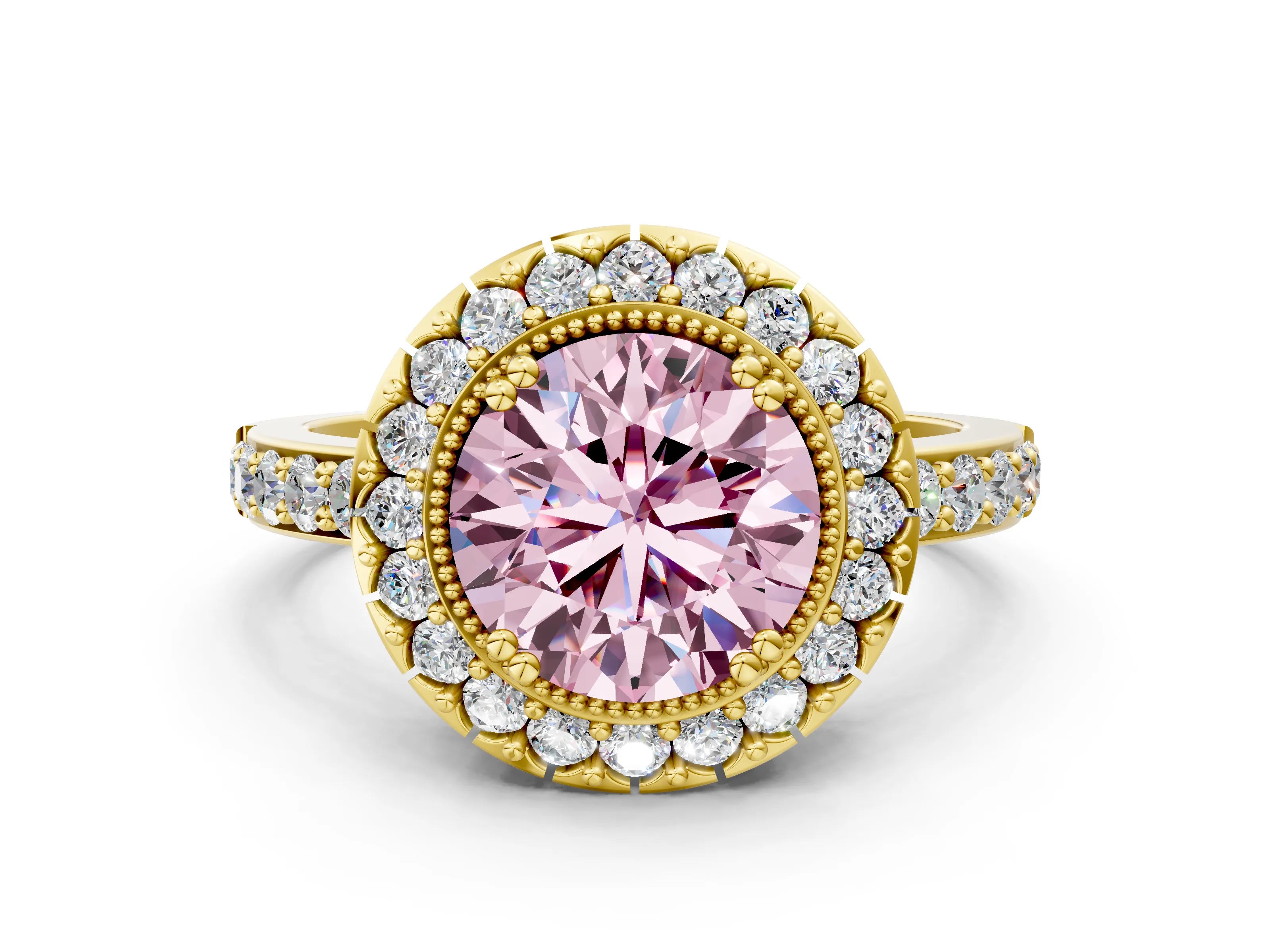 Yellow gold Fancy Pink Round Cut Diamond Halo Ring with Pavé Band and Prong Setting