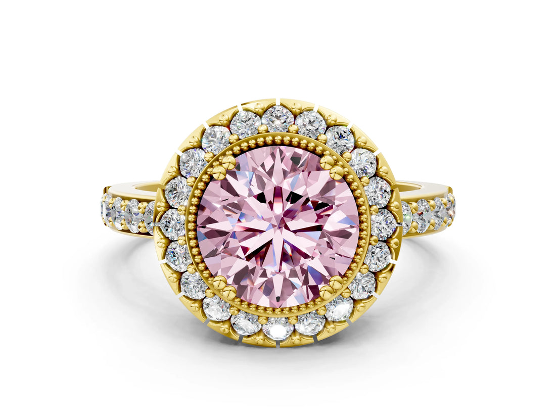 Yellow gold Fancy Pink Round Cut Diamond Halo Ring with Pavé Band and Prong Setting