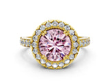 Yellow gold Fancy Pink Round Cut Diamond Halo Ring with Pavé Band and Prong Setting