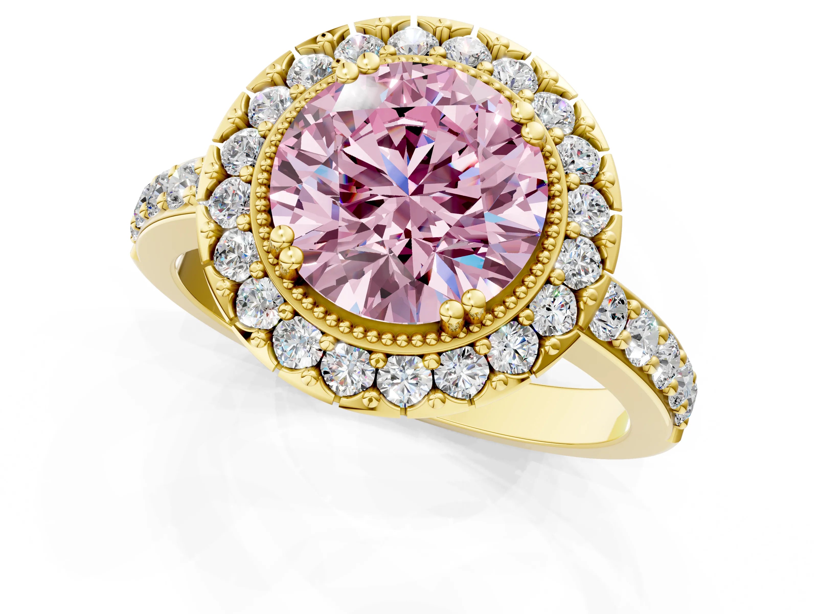 Yellow gold Fancy Pink Round Cut Diamond Halo Ring with Pavé Band and Prong Setting_1