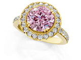 Yellow gold Fancy Pink Round Cut Diamond Halo Ring with Pavé Band and Prong Setting_1