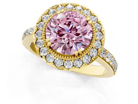 Yellow gold Fancy Pink Round Cut Diamond Halo Ring with Pavé Band and Prong Setting_1