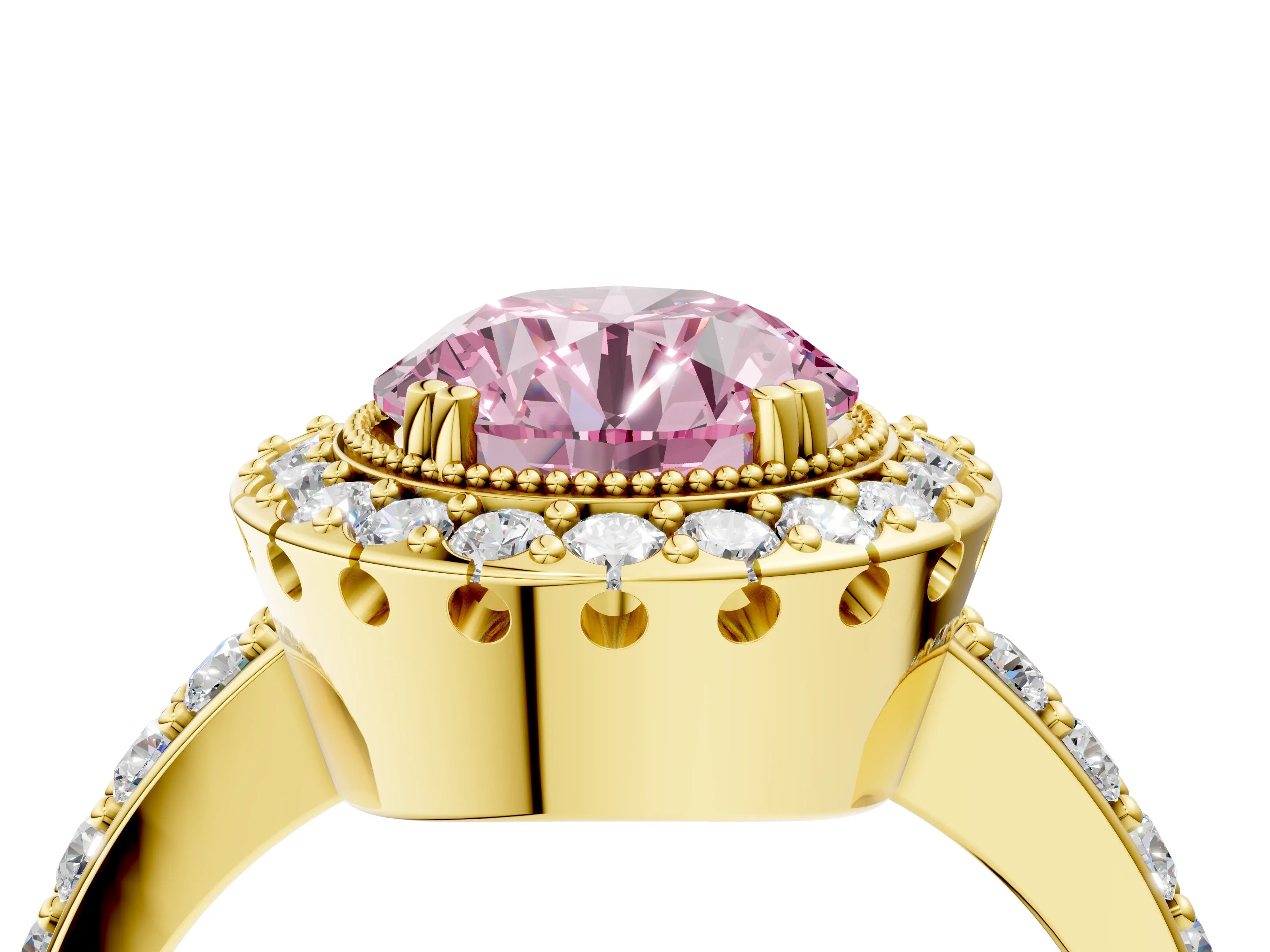 Yellow gold Fancy Pink Round Cut Diamond Halo Ring with Pavé Band and Prong Setting_4