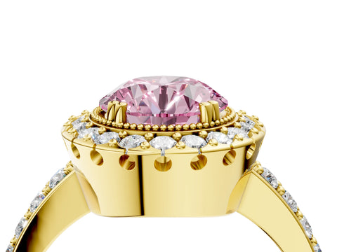 Yellow gold Fancy Pink Round Cut Diamond Halo Ring with Pavé Band and Prong Setting_4