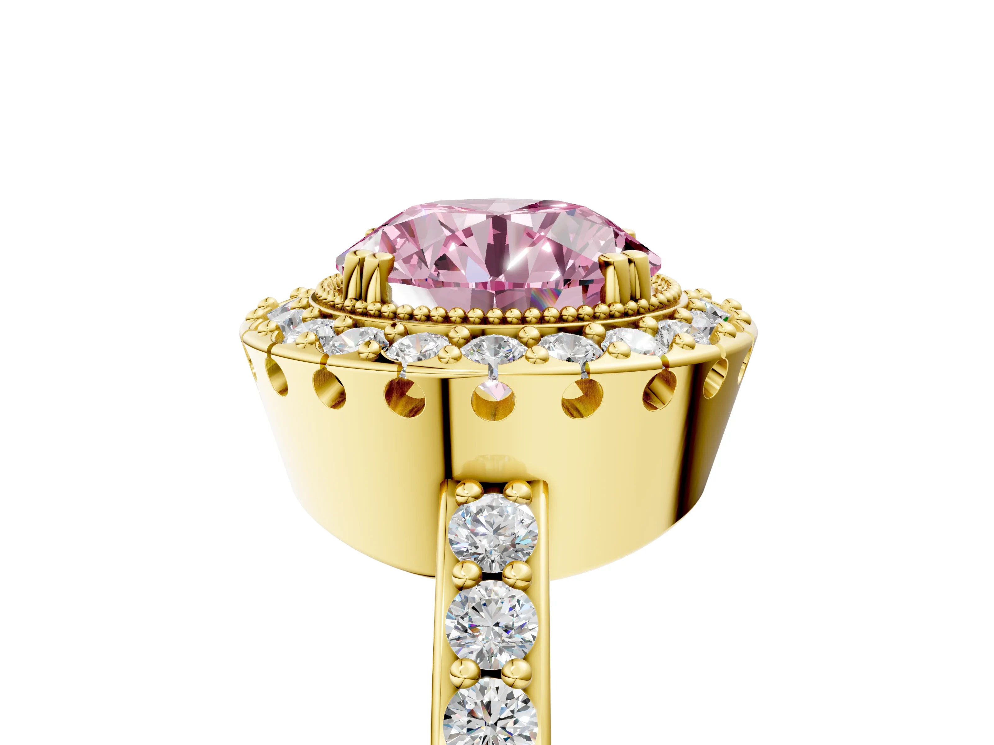 Yellow gold Fancy Pink Round Cut Diamond Halo Ring with Pavé Band and Prong Setting_5