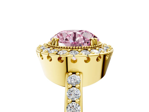 Yellow gold Fancy Pink Round Cut Diamond Halo Ring with Pavé Band and Prong Setting_5