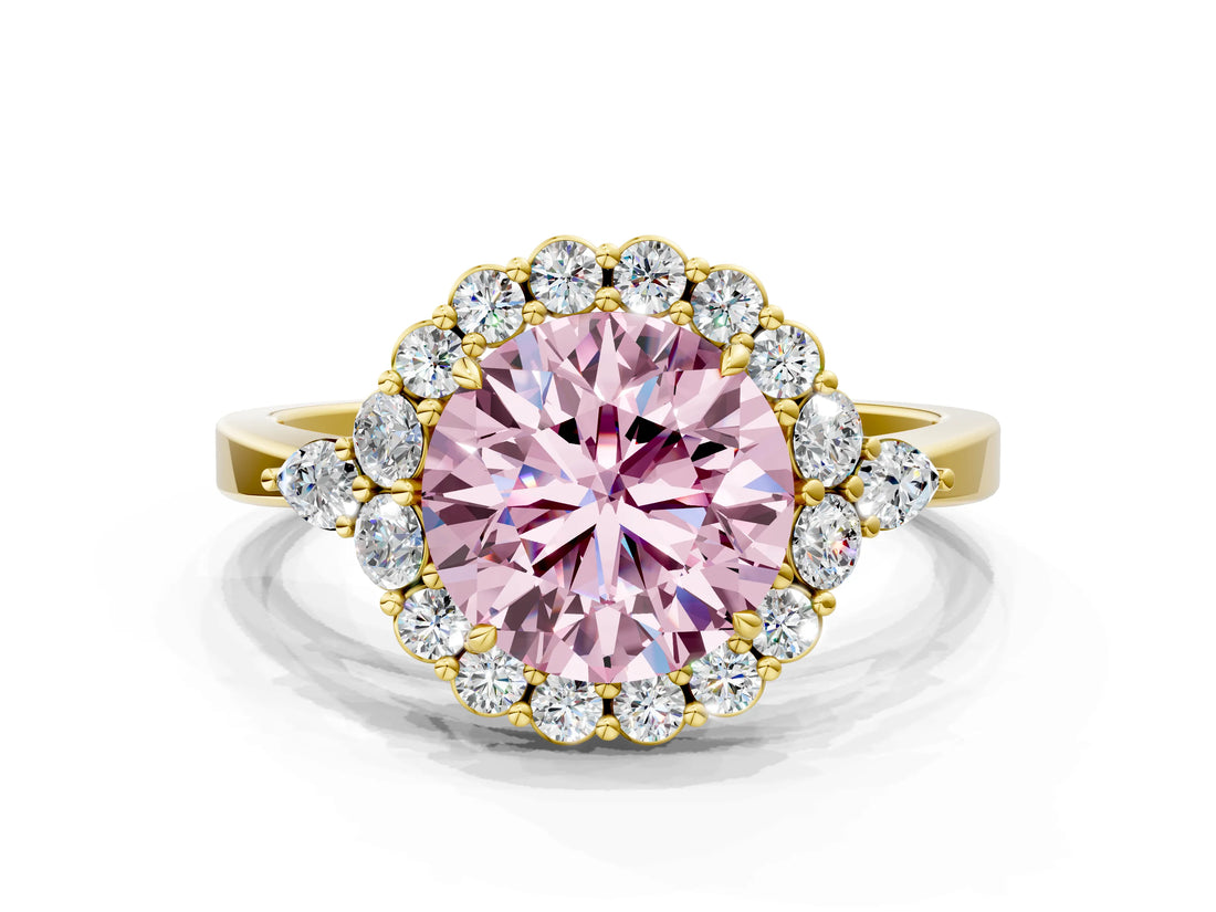 Yellow gold Fancy Pink Round Cut Diamond Halo Ring with Pear Side Stones and Prong Setting_18