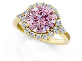 Yellow gold Fancy Pink Round Cut Diamond Halo Ring with Pear Side Stones and Prong Setting_19
