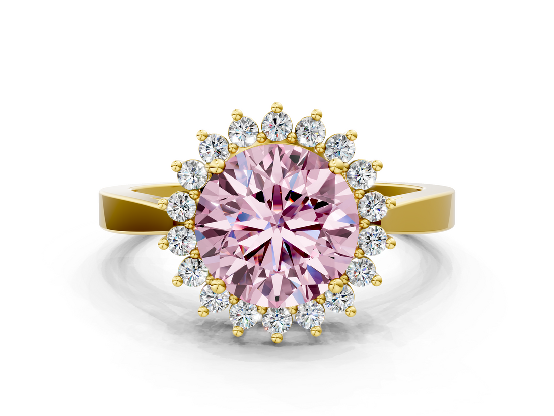 Yellow gold Fancy Pink Round  Cut Diamond Halo Ring with Round Brilliant Halo and Solitaire Band