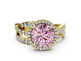 Yellow gold Fancy Pink Round Cut Diamond Halo Ring with Round Split Shank and Prong Setting_36