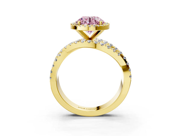 Yellow Gold Round Halo Engagement Ring Setting for Fancy Pink Center with Twisted Pave Split Shank