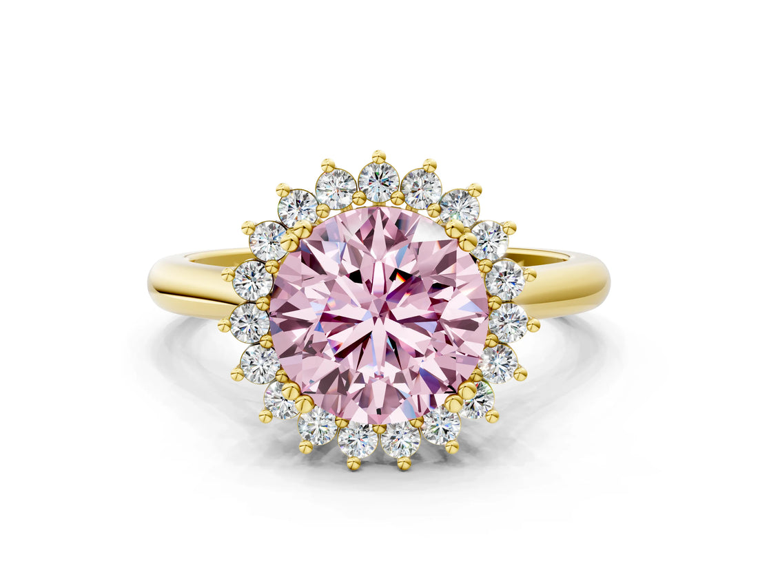 Yellow gold Fancy Pink Round  Cut Diamond Halo Ring with Solitaire Band and Prong Setting_52