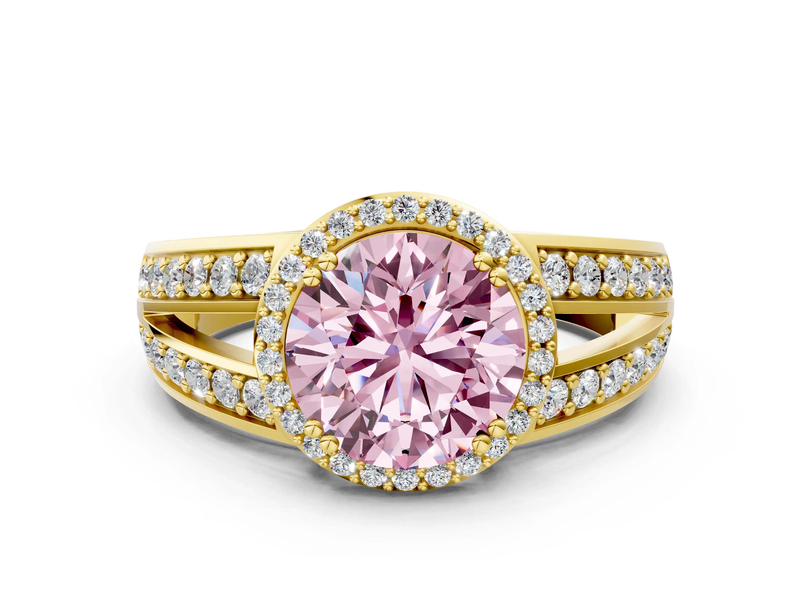 Yellow gold Fancy Pink Round Cut Diamond Halo Ring with Split Shank Pavé Band and Four-Prong Setting