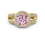 Yellow gold Fancy Pink Round Cut Diamond Halo Ring with Split Shank Pavé Band and Four-Prong Setting