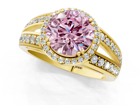 Yellow gold Fancy Pink Round Cut Diamond Halo Ring with Split Shank Pavé Band and Four-Prong Setting_1