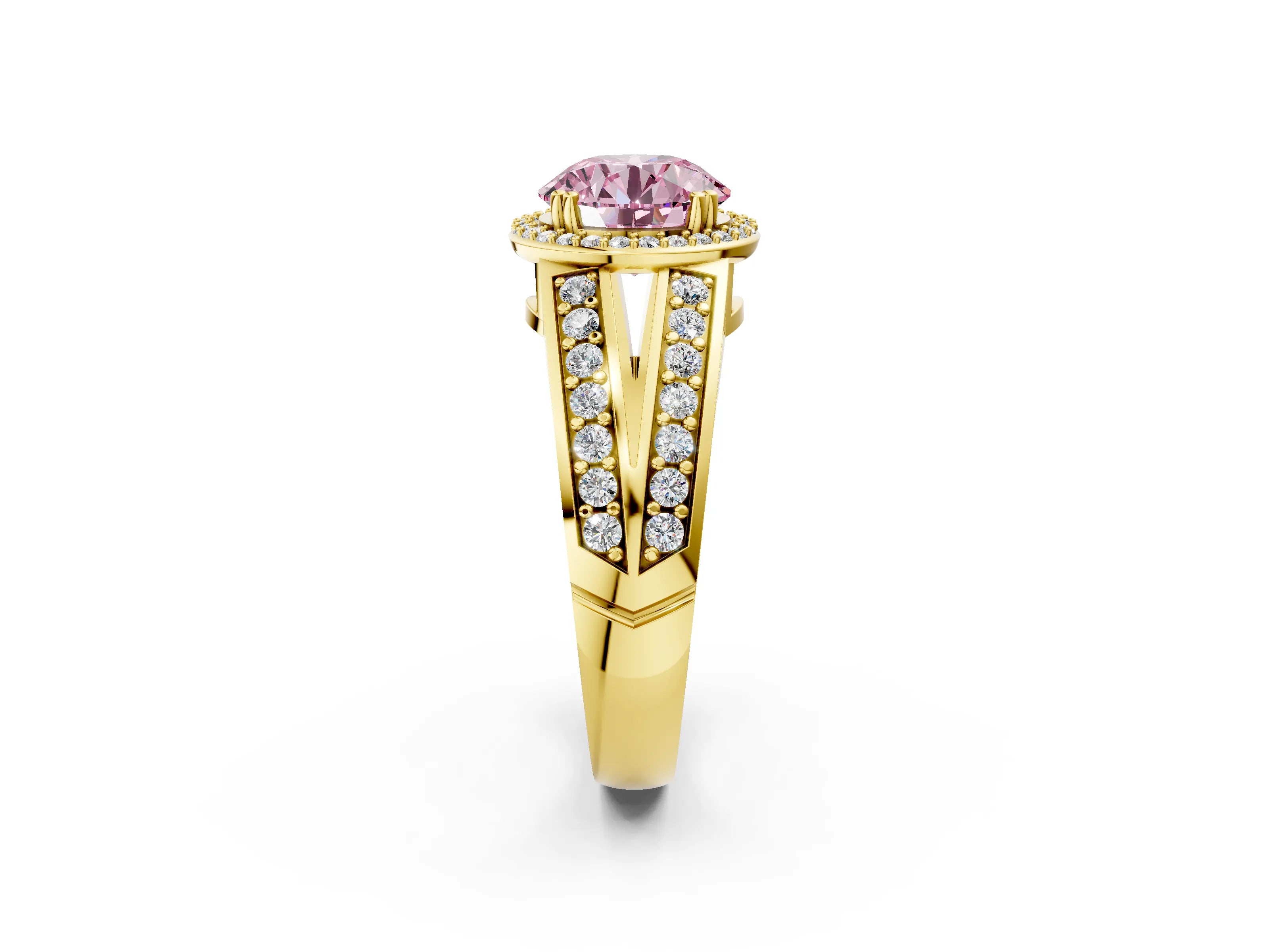 Yellow gold Fancy Pink Round Cut Diamond Halo Ring with Split Shank Pavé Band and Four-Prong Setting_2