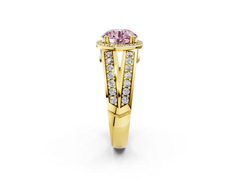 Yellow gold Fancy Pink Round Cut Diamond Halo Ring with Split Shank Pavé Band and Four-Prong Setting_2