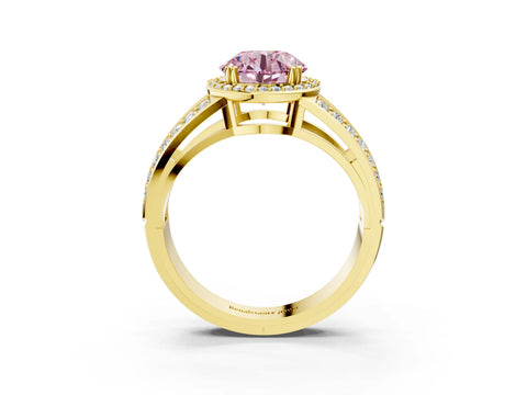 Yellow gold Fancy Pink Round Cut Diamond Halo Ring with Split Shank Pavé Band and Four-Prong Setting_3