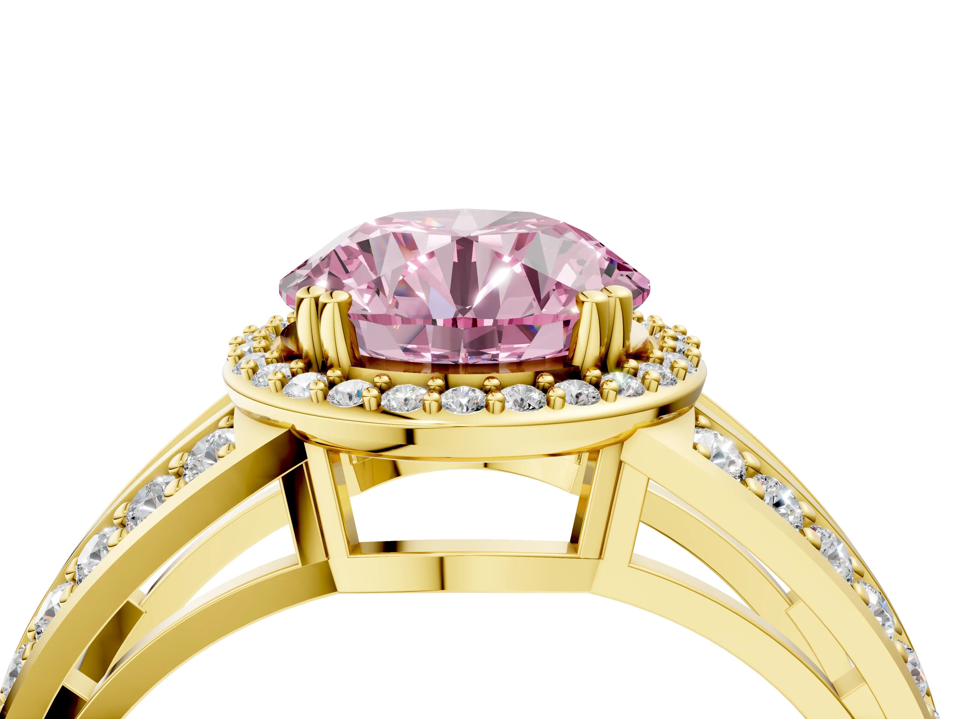 Yellow gold Fancy Pink Round Cut Diamond Halo Ring with Split Shank Pavé Band and Four-Prong Setting_4