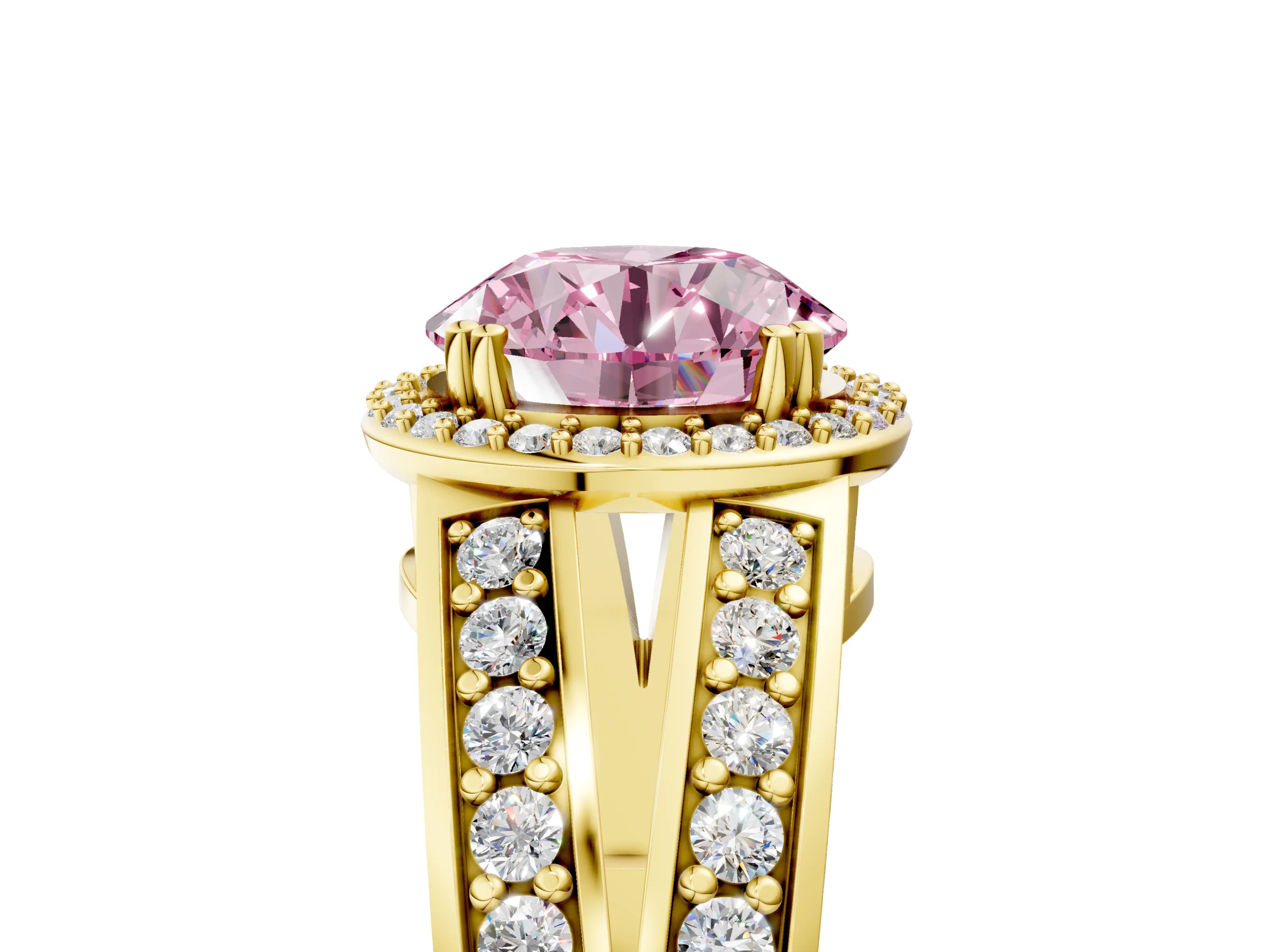 Yellow gold Fancy Pink Round Cut Diamond Halo Ring with Split Shank Pavé Band and Four-Prong Setting_5