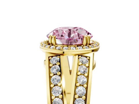 Yellow gold Fancy Pink Round Cut Diamond Halo Ring with Split Shank Pavé Band and Four-Prong Setting_5