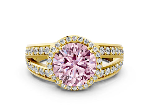 Yellow gold Fancy Pink Round Cut Diamond Halo Ring with Split Shank Pavé Band and Four-Prong Setting