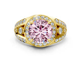 Yellow gold Fancy Pink Round Cut Diamond Halo Ring with Split Shank and Bezel Accents and Four-Prong Setting