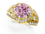 Yellow gold Fancy Pink Round Cut Diamond Halo Ring with Split Shank and Bezel Accents and Four-Prong Setting_1