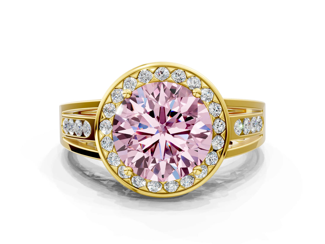 Yellow gold Fancy Pink Round Cut Diamond Halo Ring with Split Shank and Bezel Accents and Prong Setting